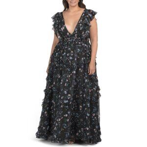 MAC DUGGAL Black Multi Sleeveless Ruffle Floral Gown